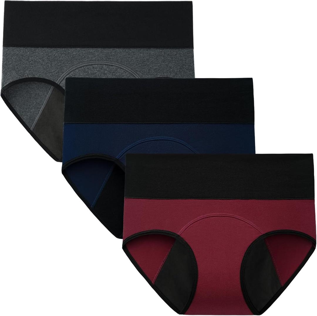 INNERSY Period Underwear for Women Leakproof High Waisted Menstrual Cotton Panties 3 Pack (X-Large, Blue/Heather Grey/Red)