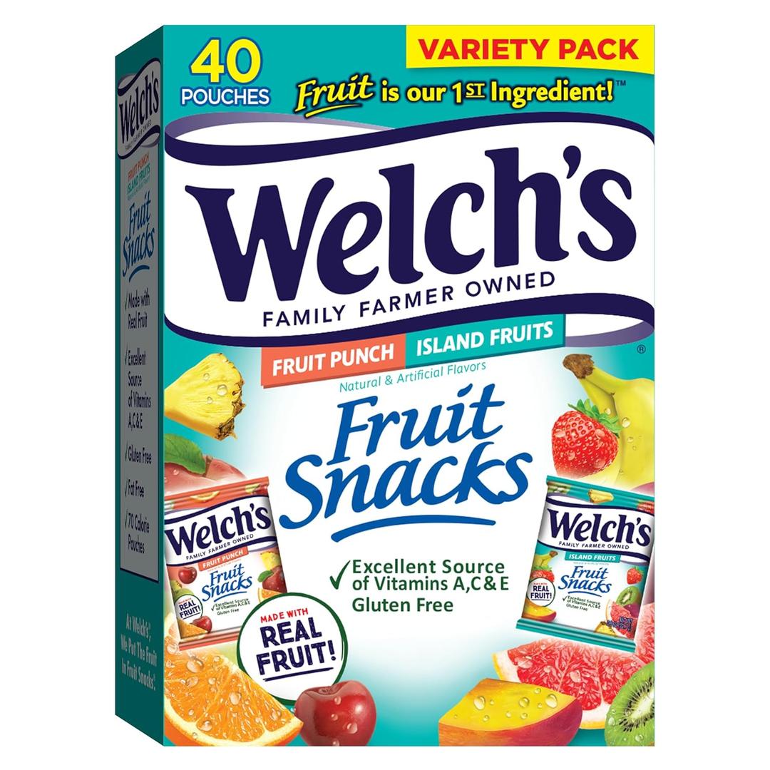 Welch's Fruit Snacks, Fruit Punch & Island Fruits, Individual Single Serve Bags, 0.8 oz (Pack of 40), BB 09/14/25