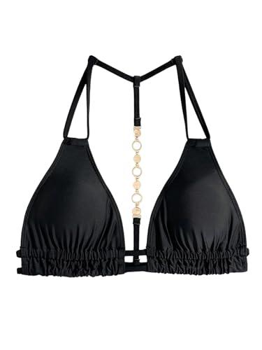 SOLY HUX Women's Halter Triangle Bikini Top Chain Strap Summer Beach Swimsuit Tops Solid Black Large