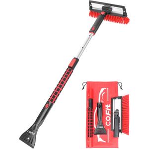 COFIT Car Snow Brush with Ice Scraper and Squeegee 3 in 1, 39" Extendable Cleaning Kit Long Handle, Windshield Snow Removal Tool Scratch Free for SUV Truck RV Window Roof Exterior Wash Supplies, Red