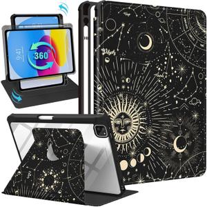 Kidcube for iPad Air 13 Inch Case M3 2025/M2 2024, for iPad Pro 12.9 Cases (2022/2021/2020/2018) - for Women Girls Cute Folio Cover with Pencil Holder Kawaii Sun Moon Stars Design Rotating Stand Teens