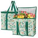 musbus 2-Pack extra Insulated Grocery shopping bag, large Green leaf, kitchen foldable reusable bags groceries,Sturdy zipper,Collapsible,tote,cooler,for transport women,Durable carrier (Spring Stroll)
