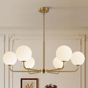 Gold Sputnik Chandelier 6-Light Mid Century Pendant for Dining Room | Mid century gold sputnik chandelier with frosted glass shades, G9 socket, adjustable hanging height for dining, kitchen,