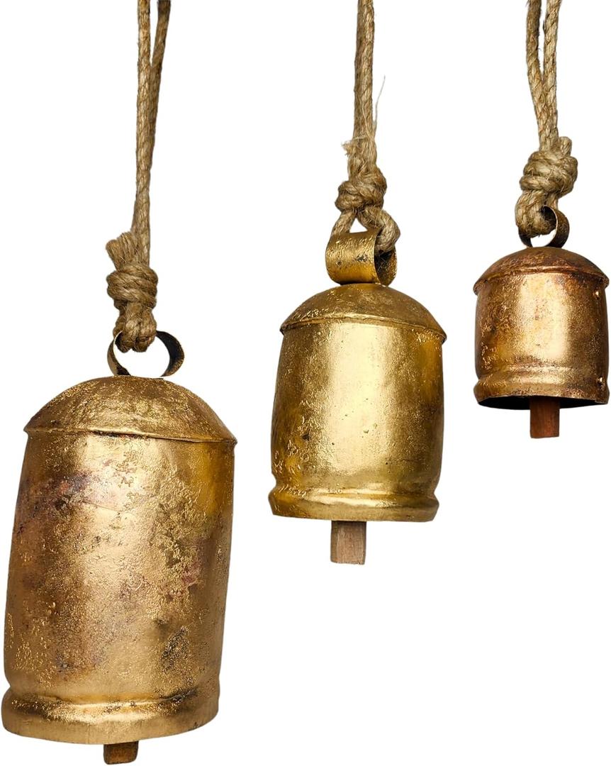 BELLUXE Set of 3 Giant Harmony Cow Bells Huge Vintage Handmade Rustic Lucky Christmas Hanging Bells On Rope (Country Rustic, Set of 3 Large)