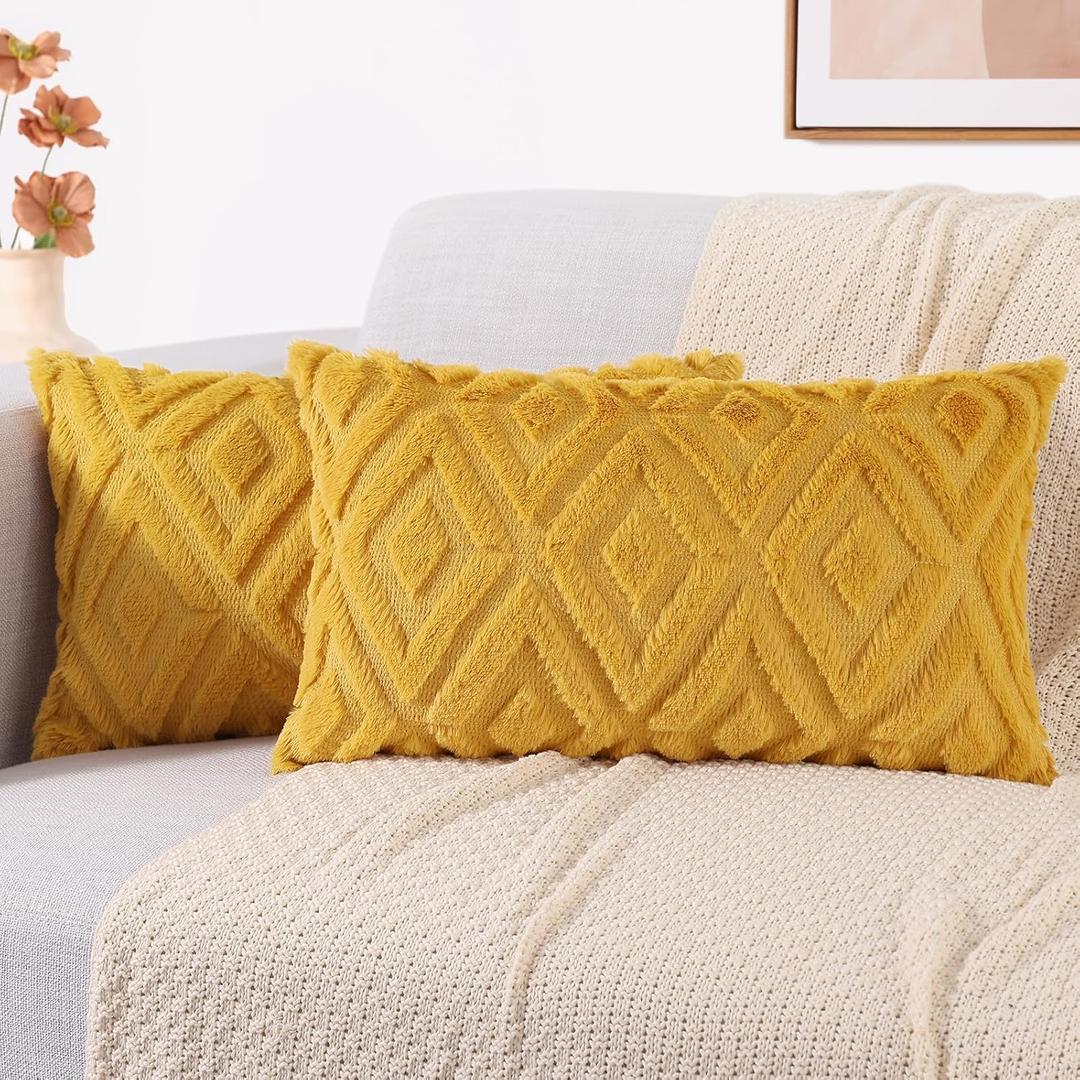 decorUhome Spring Couch Throw Pillow Covers 12x20 Set of 2, Decorative Soft Plush Faux Wool Lumbar Neutral Accent Pillow Covers for Bed Sofa Living Room, Mustard Yellow