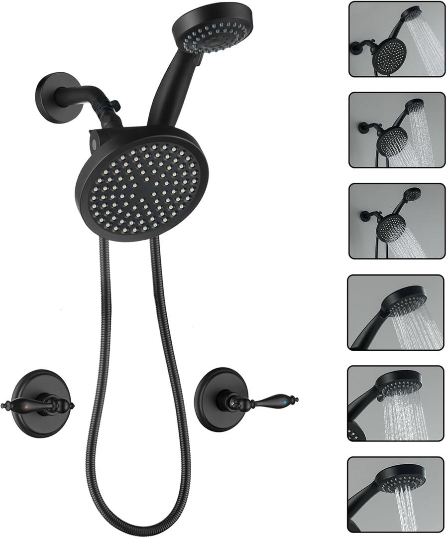 LIWEIKE Matte Black 2 Handle Shower Faucet, Two Handles Shower Faucet Set with Hand Shower Wall Mount Shower Faucet Set 2 Knobs with Rough-in Valve