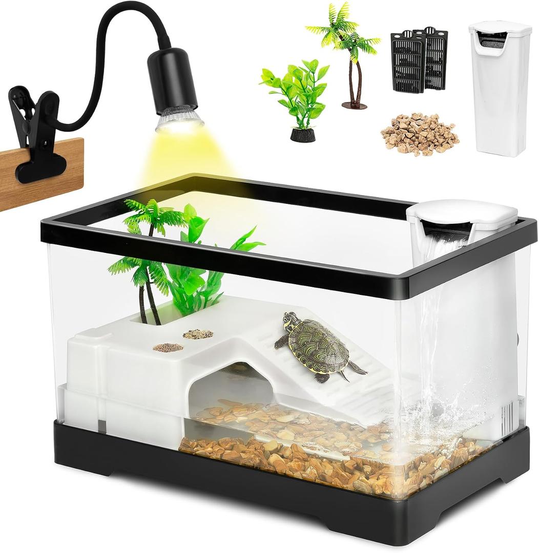 AZV All In One Turtle Tank Kit,PC Large Aquarium,Red Eared Slider Aquatic for Baby Tortoise,Fishes and Amphibians,Include Basking Platform*1,Filter*1,Filter Plates*2,Plants*2,UVB Lamp*1,Bulb*1,Stone*1