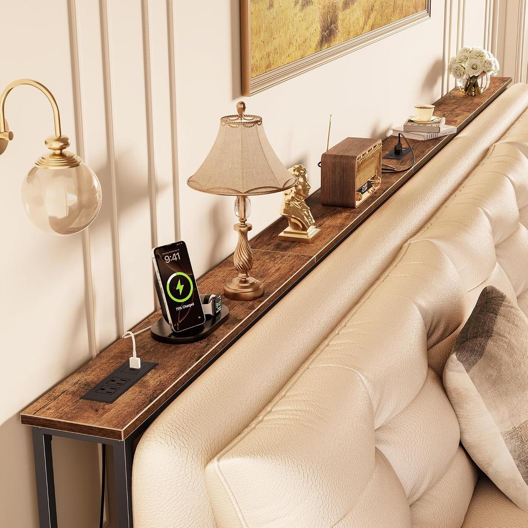 Huuger 118 Inch Sofa Table with Power Outlets and USB-C Ports, 5.9 Inch Narrow Entryway Table, Behind Couch Table with Storage, Extra-Long Console Table, Living Room, Rusitc Brown, 5.9"D × 118.1''W × 29.7''H
