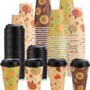 Zopeal 100 Pieces Thanksgiving 12 oz Disposable Coffee Cups with Lids Paper Hot Cup 4 Fall Design Patterns Cute Cups for Hot Tea Beverage Water Juice Dinner Wedding Event Holiday Decoration