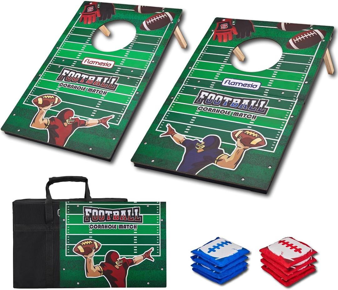 Portable Cornhole Board Set 2x1.3ft | 24"x16": Cornhole Set Outdoor Backyard Corn Hole Toss Game for Party Beach | 2 Foldable Wooden Corn Hole Boards, 8 Bean Bags, 1 Carrying Bag (Football Theme)