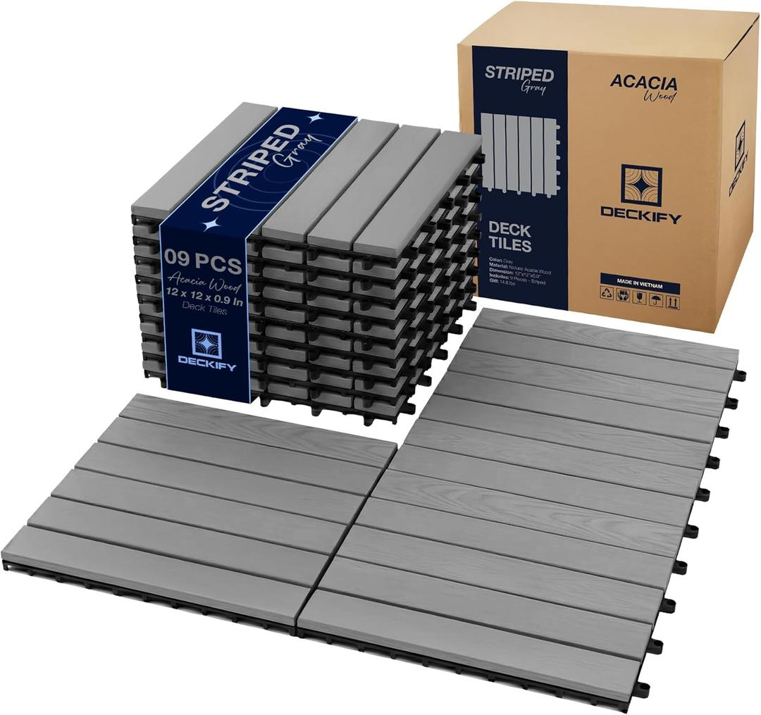 9Pcs Acacia Wood Interlocking Patio Deck Tiles, 12 x 12 x 0.9 Inch Outdoor Flooring, Waterproof for All-Weather Use – Striped, Gray