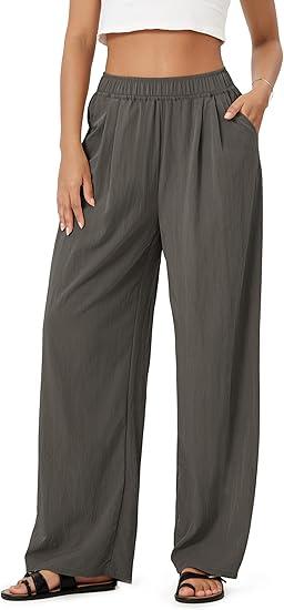 ODODOS Women's Wide Leg Pants with Pockets Crinkle Comfy High Waist Pull-On Lounge Casual Pants L