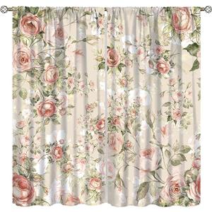 Lovely Rose Decorative Curtains, Red and White Vintage Rose Floral Delicate Pattern for Living Room Bedroom and Dining Room 2 Panels, 42 X 45 Inches.