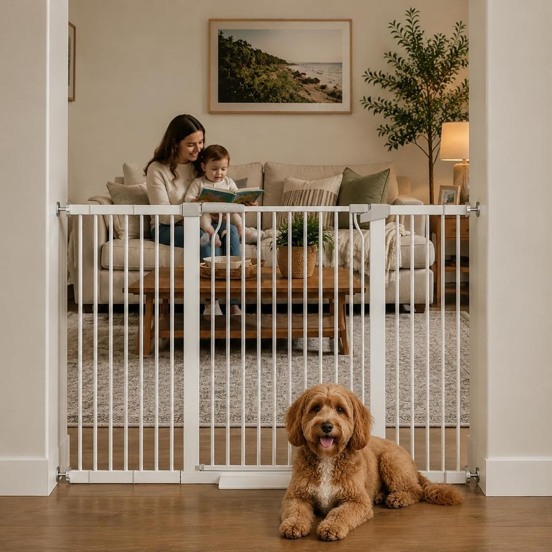 Extra Tall Baby Gate, 40.55" Tall, Fits 40.6"-54.7" Wide Openings, Pressure Mounted Walk-Through Dog Gate, 1.37" Narrow Bar Spacing, Auto Close, White