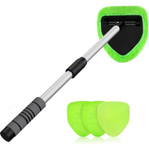 XINDELL 29-inch Windshield Cleaner Tool  Car Interior Window Cleaning Kit with Extended Long Handle & 4 Microfiber Pads, Auto Wiper Windshield Brush for Car, Trucks, SUVs, RVs & Home