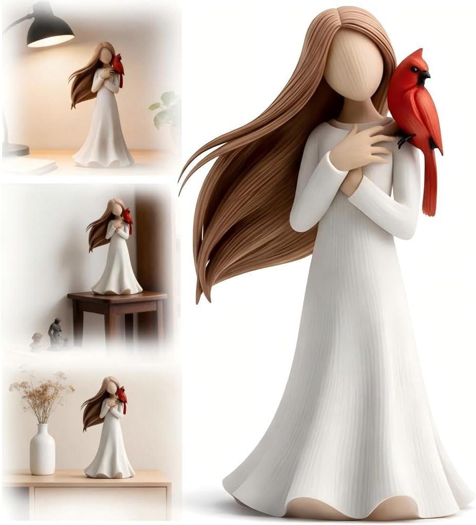 Cardinal Remembrance Love & Serenity Figurine, Angel Girl with Cardinal Bird, High-Precision Sculpted Statue, Symbol of Love, Hope & Protection, Emotional Healing Companion, Memorial & Sympathy Gift