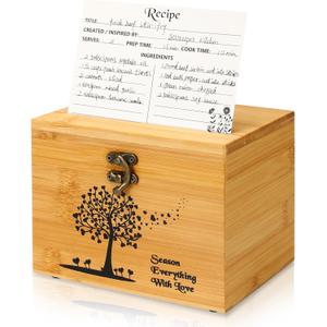 CypherX Bamboo Recipe Box, 4 x 6 Recipe Cards and Box Set, Recipe Organizer w/ 50 Blank Cards, Perfect Housewarming, Bridal Shower Gift