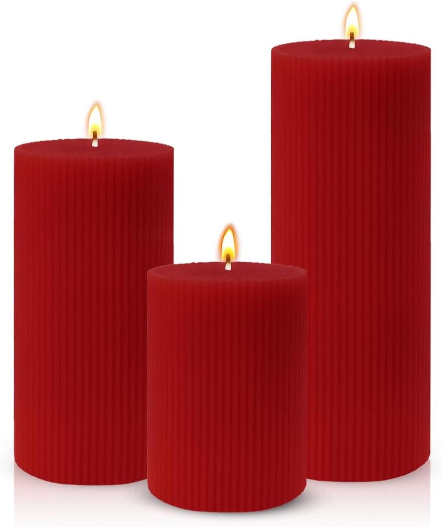 3-Pack Red Ribbed Pillar Candles  Elegant Handmade Fat Candles for Home & Events, 3" D, 4"/6"/8" H, Dripless and Long Burning