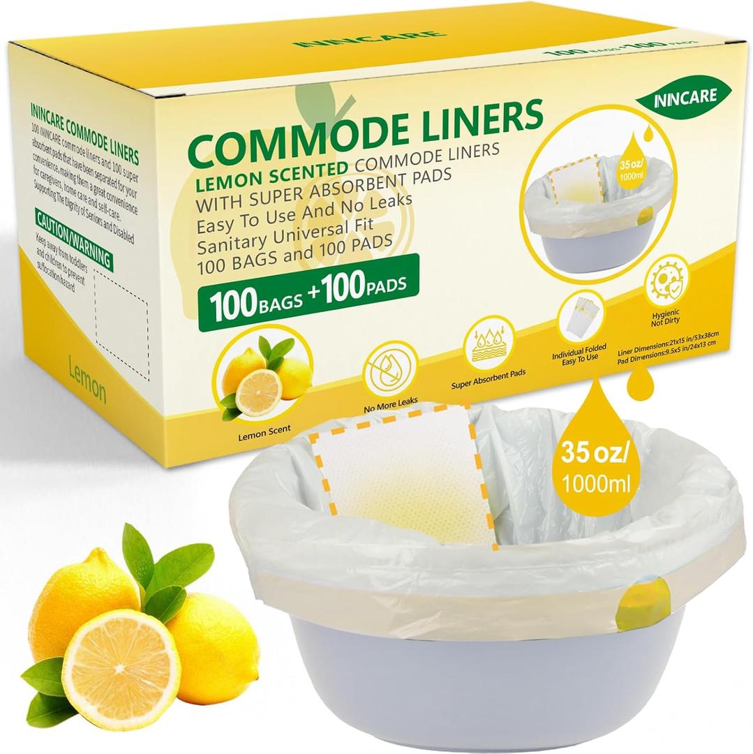Commode Liners with Absorbent Pads for Bedside Commode, 100 Lemon Scented Bedside Commode Liners and 100 Commode Pads, Commode Toilet Camping Toilet Bags