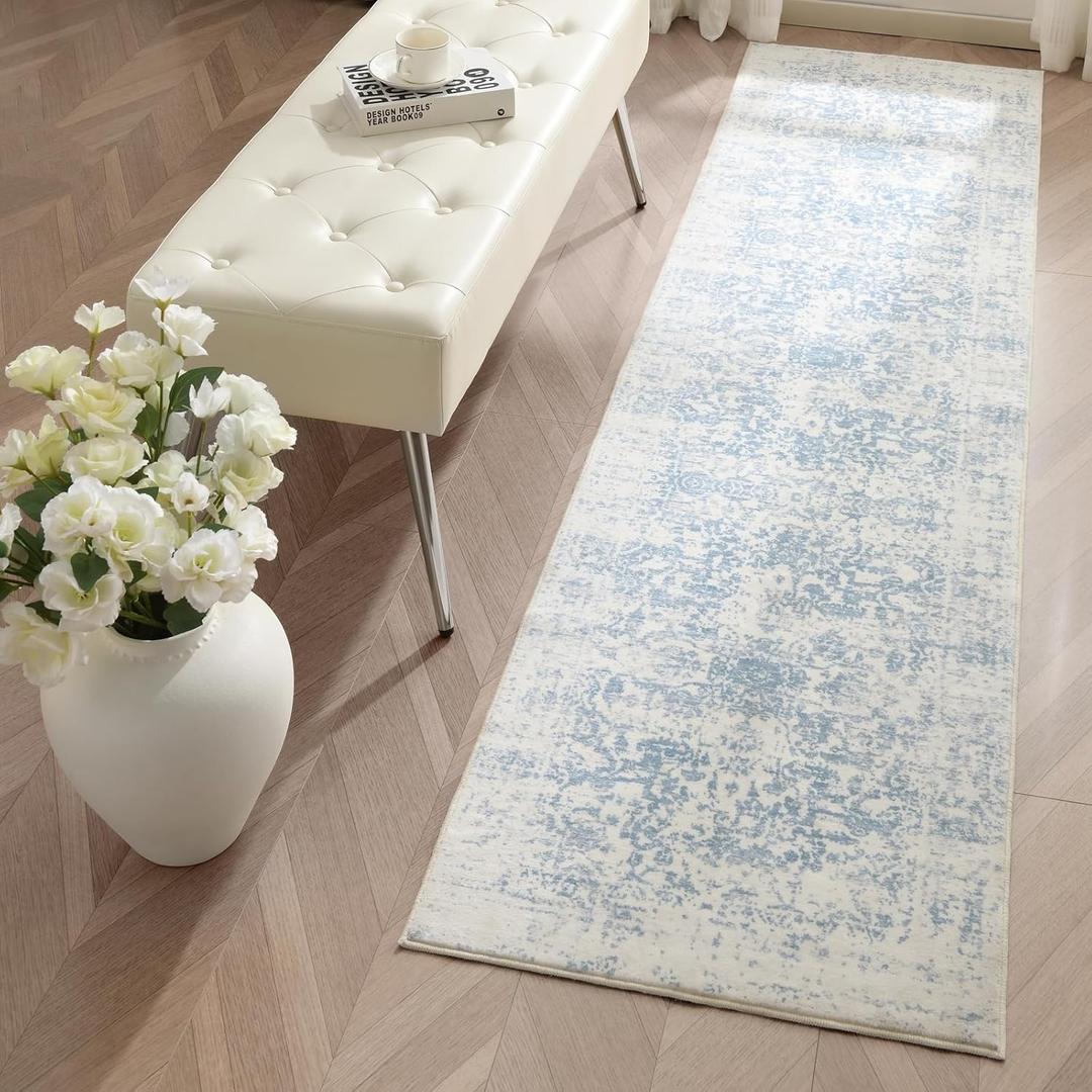 Washable Area Rug for Living Room - Stain Resistant Urtla Thin Rugs with Non Slip Rubber Backing - Indoor Floor Carpet for Dining Room Home Office Dorm (Blue/White, 2x8 Feet)