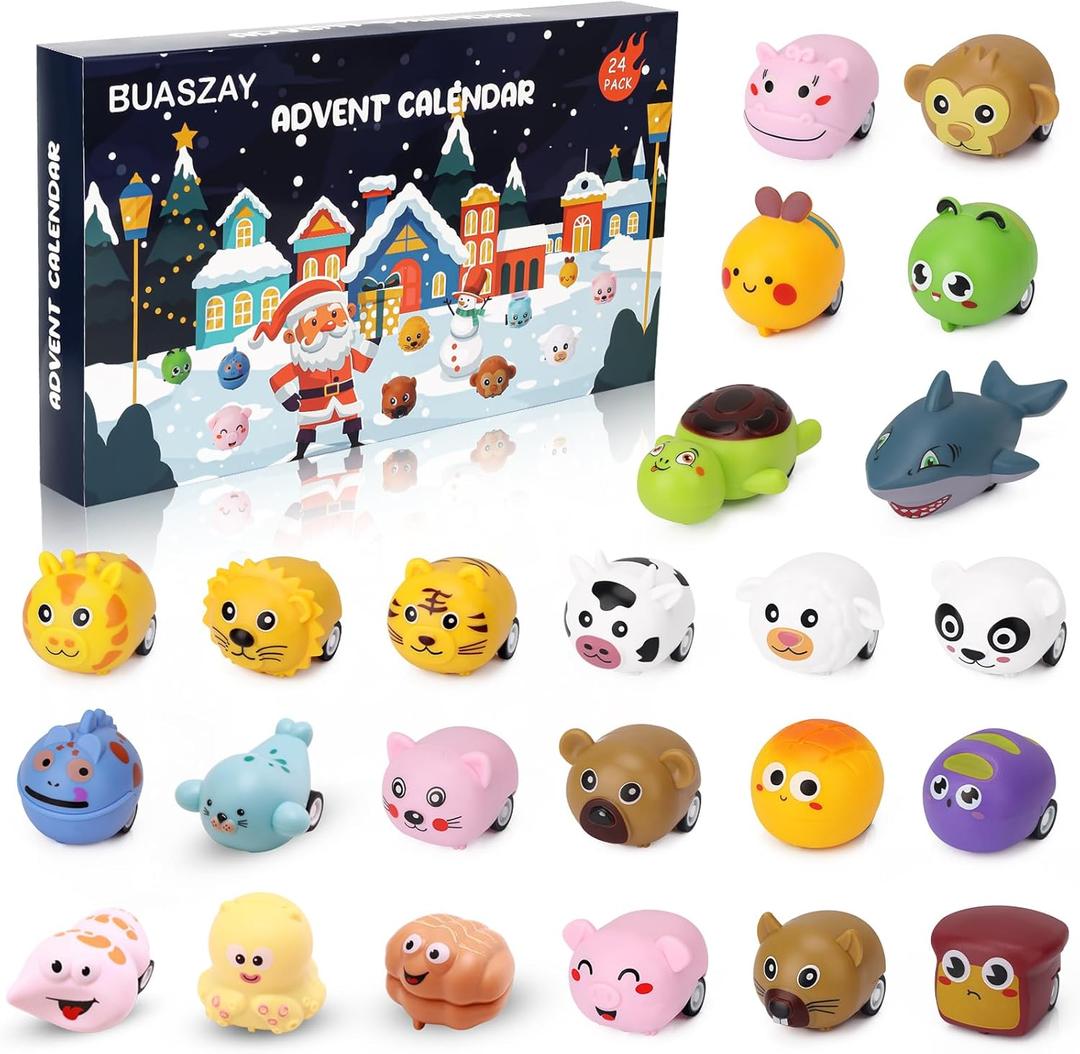 Advent Calendar 2025 Cars Toys for Kids, 24 Days Christmas Countdown Calendar Animals Pull Back Car Vehicles Toy Set, Stocking Stuffers New Year Birthday Xmas Gift Surprise Box for Boys Girls