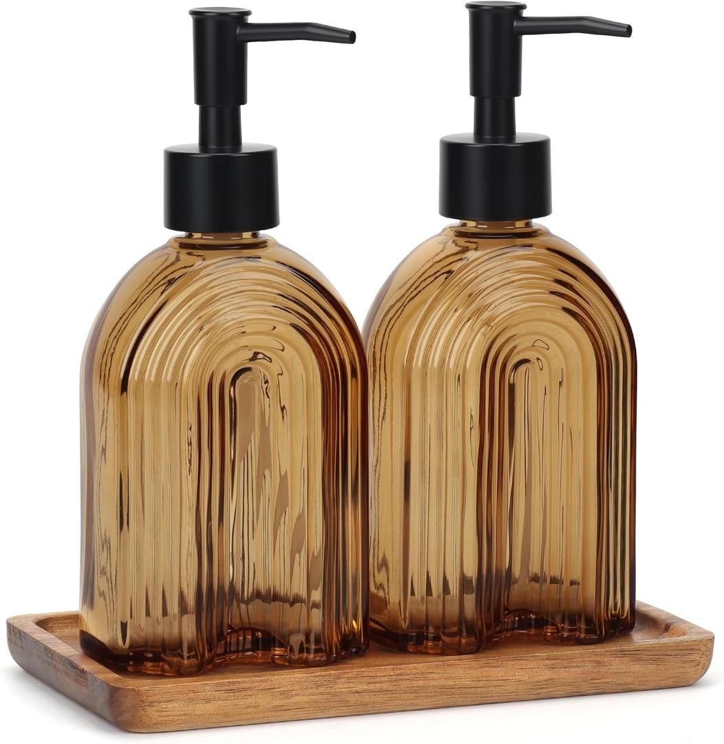 2 Pack Arch Glass Soap Dispenser with Plastic Pump, 11OZ Liquid Hand Soap Dispenser with Acacia Wood Tray, Rustproof Pump for Kitchen & Bathroom, Great for Lotions, Essential Oil, Liquid Soaps,Amber