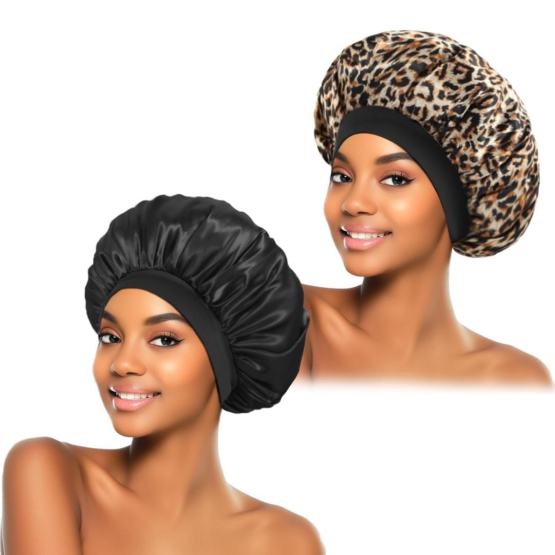 2Pcs Satin Bonnet for Sleeping, Silk Hair Bonnets, Soft Elastic Band Silk Sleep Cap, Silk Hair Wrap for Curly Hair (Black Leopard)