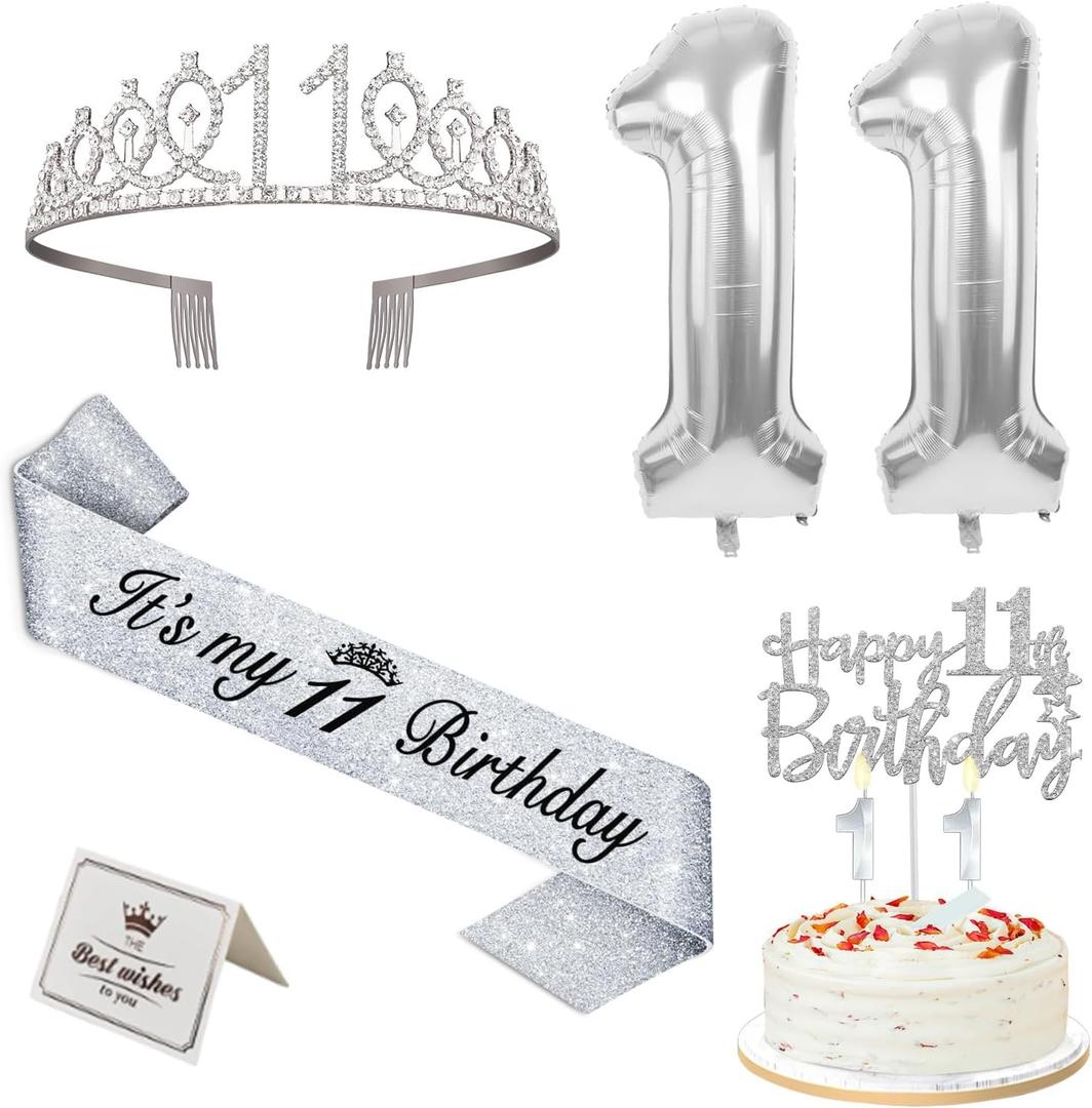 11th Birthday Decorations for Girls Silver with 11th Birthday Sash and Tiara, Cake Topper and Candles, Silver Number Balloons, Gifts for 11 Year Old Girls