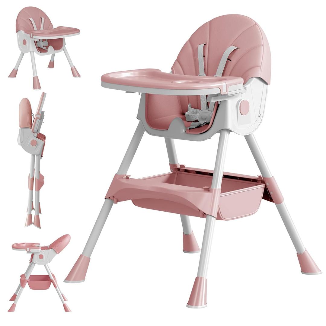 Baby High Chair, 5 in 1 High Chairs for Babies and Toddlers, Travel Foldable High Chair with Foot Rest, Detachable PU Cushion, Double Removable Tray, Adjustable Height & Recline (Pink)