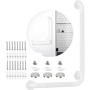 White Angled Grab Bar 12x16 Inch, iHansee Anti-Slip Bathroom Safety Bar w/Knurled Grip, Wall Mounted L-Shaped Shower Handle for Elderly Senior Handicap, Toilet Bathtub Balance Support Handrail