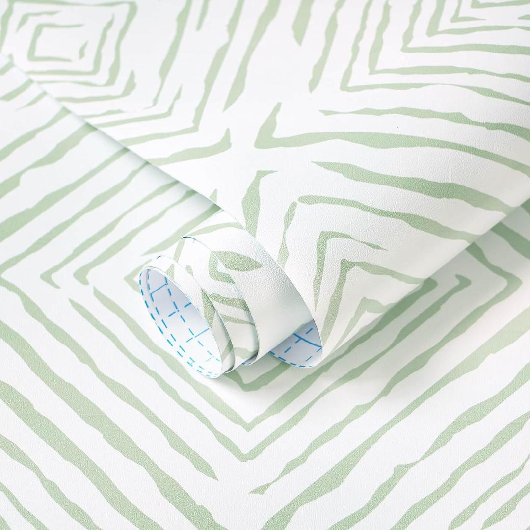 3 x Ismoon Green Peel and Stick Wallpaper Boho Geometric Contact Paper 17.3"x78.7" Sage Green Modern Removable Wall Paper for Kitchen Cabinet Self Adhesive Wallpaper Bathroom Waterpoof Decor Vinyl