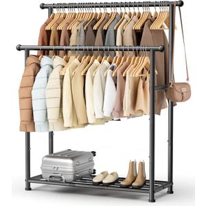 MISSLO Double Rods Garment Rack Heavy Duty Clothing Rack for Hanging Clothes Portable Clothes Organizer for Bedroom, Living Room, Clothing Store (Matte Black)