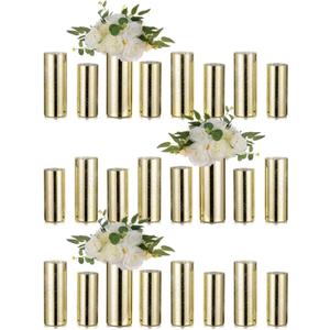 Glass Cylinder Vases Set of 24, Hewory Glittery Gold Vase for Centerpieces, Glass Hurricane Candle Holders for Pillar Floating Candle, Tall Round Vase for Wedding Anniversary Events Home Table Decor