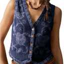 Verdusa Women's Western Outfit Cowgirl Embroidered Vest Tops Button Floral Boho Tank Top (Dark Blue, Medium)