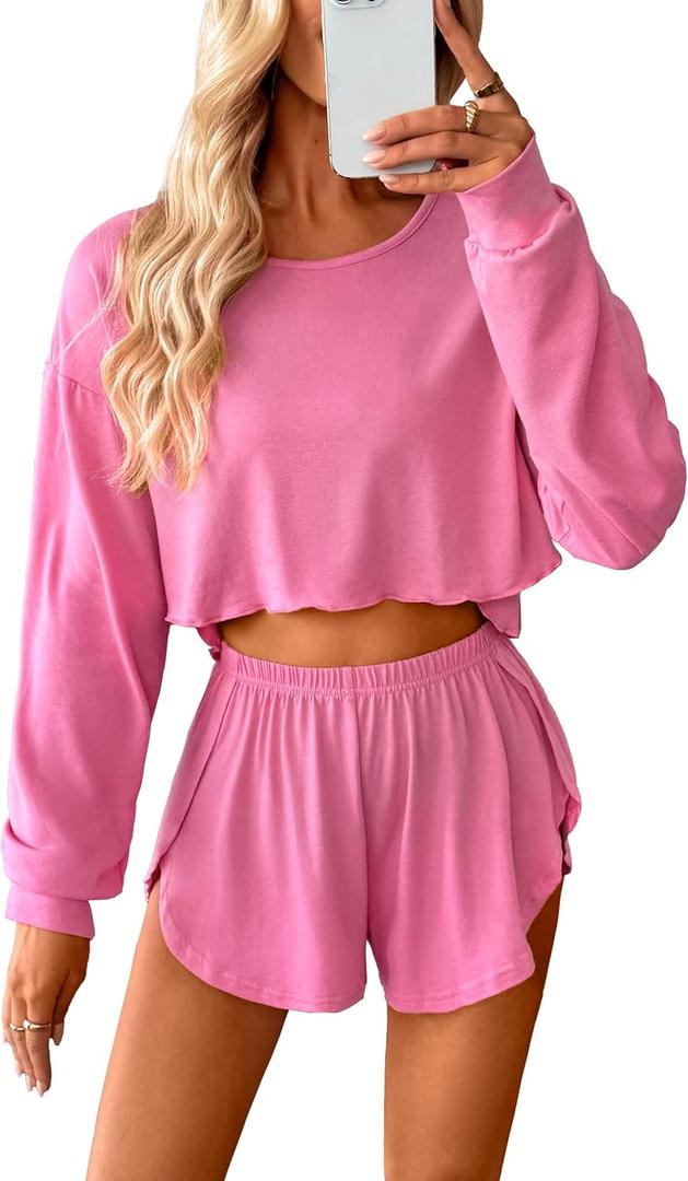 Remidoo Women's Split Short Pajama Set Long Sleeve T Shirt and Shorts Pajamas Crewneck Loungewear Pink Large