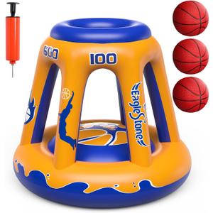 EagleStone Inflatable Floating Basketball Hoop - 47" Pool Toy for Kids Ages 4-8 & 8-12, 3 Basketballs/Pump, Summer Outdoor Water Game, Yellow