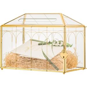 NCYP Glass Cards Box with Slot and Lock for Wedding - 12.6" x 5.9" x 9" Geometric Vintage Envelops Wishwell Card Holder - Tabletop Reception, Birthday Party Decor, Gold (Glass Box Only)