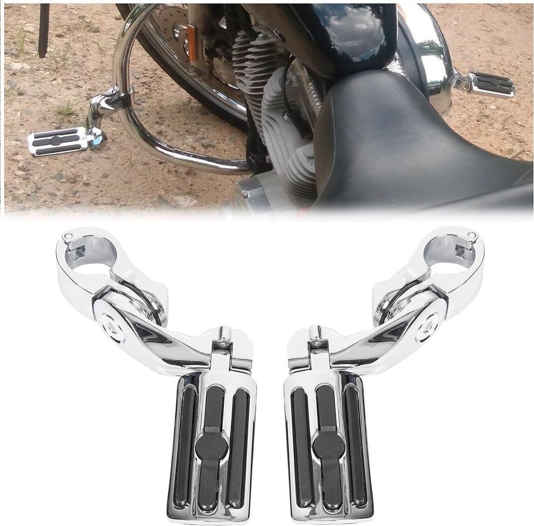 ECOTRIC 1.25'' Motorcycle Highway Footpegs Foot Pegs w/Quick Clamps Compatible with Harley Davidson Touring Road King Street Glide Honda Kawasaki Suzuki Yamaha Crash Bar Engine Guards - Short Angle
