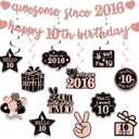 Pre-Strung 10th Birthday Banner Decorations for Girls, Glitter Happy 10th Birthday Decor, Rose Gold Ten Years Bday Hanging Swirls Party Supplies