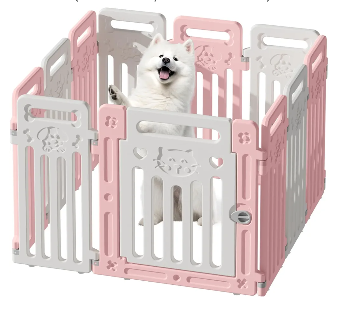 Dog Playpen Clear Fence Pet Puppy Cat Small Play Pen Indoor Foldable Kennel Whelping Box for Dogs with Gate (Pink + White, 8 Panels+1 Door)