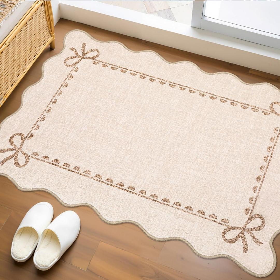 GarveeHome Scalloped Bow Rug for Kitchen Floor, Solid Beige Rug for Dorm, Washable Entryway Rugs 2x3 Soft Low Pile Non Slip Scalloped Rugs for Nursery Bedroom Decor Hallway, Beige