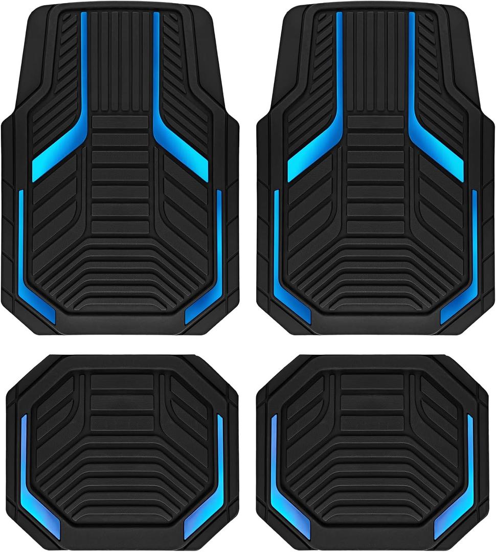 PIC AUTO Heavy Duty Rubber Floor Mats, Blue Aluminum Film Car Mats Set, Front and Rear Car Mats with Anti-Slip Backing, All Weather Protection, Trim-to-Fit for Automotive SUV, Sedan, Van