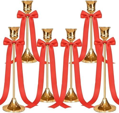 Candlestick Holders with Red Ribbon Bows,Metal Taper Candle Holder,Gold Candle Holders for Pillar Candles,Vintage Decor for Wedding,Fireplace, Table Mantel,Housewarming Gift (Gold, 2sets (6pcs))