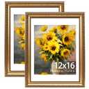 JCJMY 12x16 Vintage Picture Frame with 11x14 Mat Set of 2, Elegant Retro 12 by 16 Photo Frame with Shatter-Resistant Plexiglass for Wall Hanging, Gallery Decor & Gift, Gold, 2 Pack