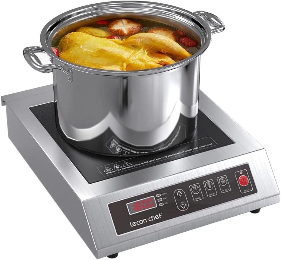Leconchef Induction Cooktop Induction Cooker Stainless Steel Commercial Grade Countertop Induction Cooker Portable Electric Burner 10 Power&Temperature Settings,24 Hours Timer&Preset for