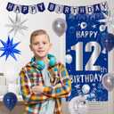 12th Birthday Decorations Boy, Happy 12th Birthday Decorations for Boys Girls, Blue 12 Year Old Birthday Banner Decoration Balloons Tablecloth Foil Backdrop Star Balloons, 12th Bady Decor for Teens