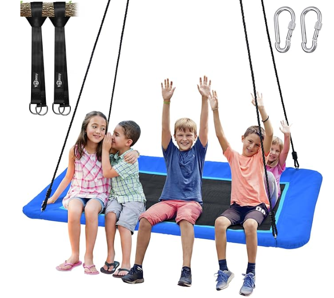 Trekassy 60" Large Rectangle Platform Tree Swing for Kids Adults, 700lb Capacity Outdoor Flying Swing, 900D Oxford Waterproof Giant Swings with 2 Hanging Straps for Backyard- Blue(Patented)