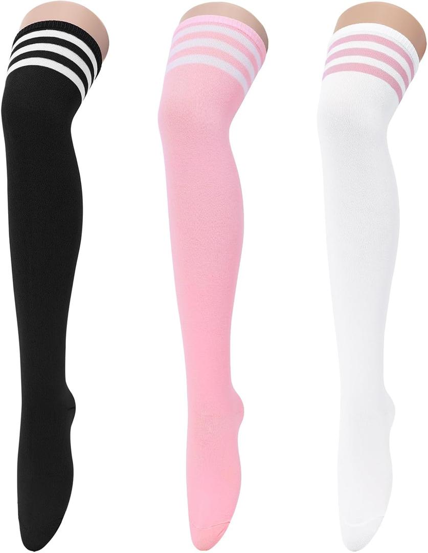 Komorebi 3 Pairs Womens Thigh High Socks Striped Over the Knee High Socks Casual Long Socks Cotton Thigh High Stockings (One Size, 3 Pairs Mixed Color 05)