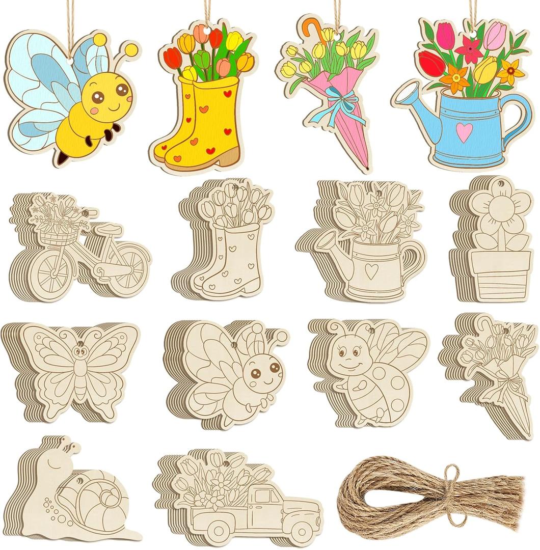 80PCS Wooden Spring Ornaments to Paint, 10 Styles DIY Blank Unfinished Wood Flower Cutouts Butterfly Ornament for Crafts Hanging Decorations, Cute Bee Flower Shape Home Decorations Gifts (Butterfly Spring)