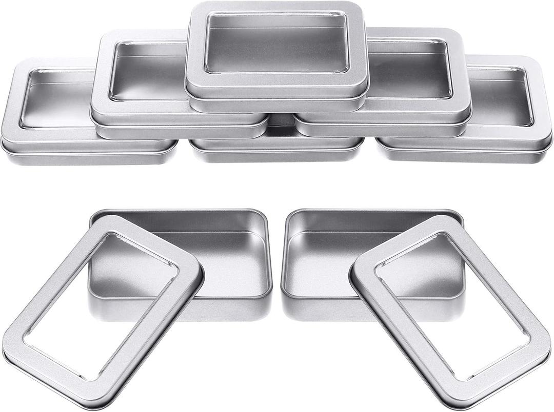 TecUnite 8 Pieces Tin Box Metal Tins with Lids Clear Top Empty Mini Portable Small Storage Tins Case for Home Candles, Candies, Gifts, Balms and Treasures, 3.4x2.4x0.8 Inch, Silver
